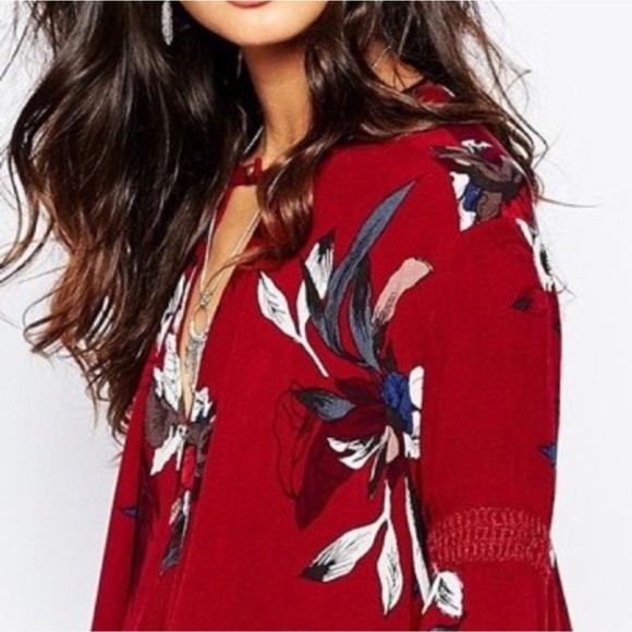 EUC ✵☽Free People☾✵ Red <Electric Orchid> Blue Floral Swing Tunic Dress | Small - Picture 3 of 16